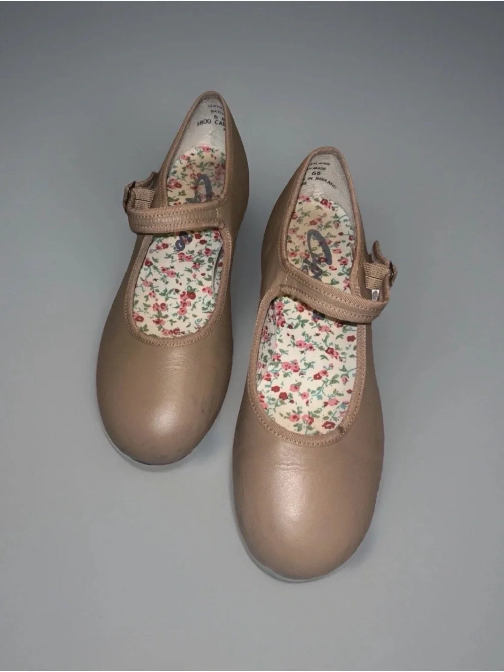 Capezio Girls' Tan Mary Jane Tap Flats with Floral Insole Dance